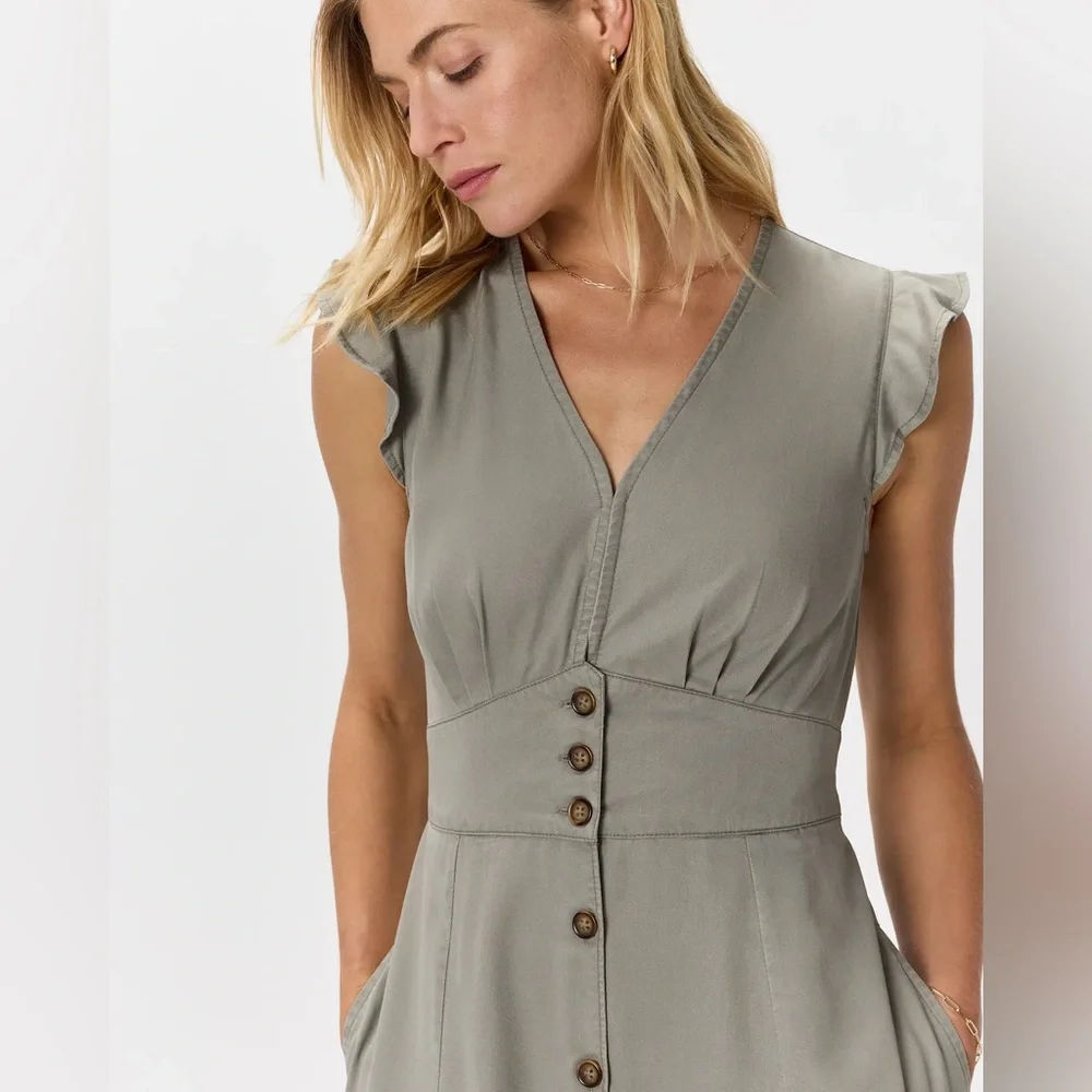 Quince Vintage Wash Tencel Button Front Midi Dress Olive Green Large Cottagecore - Picture 2 of 14